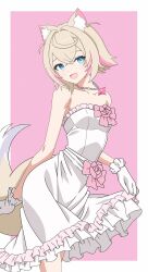 Rule 34 | 1girl, animal ear fluff, animal ears, bead necklace, beads, blonde hair, blue eyes, breasts, clothes lift, dog ears, dog girl, dog tail, dress, dress lift, fang, frilled dress, frills, gloves, highres, hololive, hololive english, jewelry, lifted by self, looking at viewer, mococo abyssgard, multicolored hair, necklace, pink background, pink hair, short hair, skin fang, small breasts, smile, solo, streaked hair, tail, two-tone background, virtual youtuber, white background, white dress, white gloves, zeik