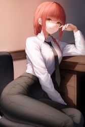 Rule 34 | 1girl, absurdres, black necktie, black pants, braid, braided ponytail, chainsaw man, chair, collared shirt, desk, elbow rest, hair over shoulder, highres, leaning to the side, long hair, long sleeves, looking at viewer, makima (chainsaw man), necktie, pants, parted lips, red hair, ringed eyes, shirt, shirt tucked in, sitting, solo, taut clothes, teeth, thighs, tight clothes, tight pants, torrentduck, white shirt, yellow eyes