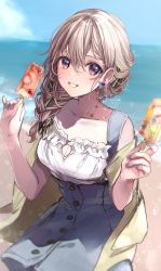 Rule 34 | 1girl, bare shoulders, beach, blonde hair, blue dress, blue sky, blurry, blurry background, blush, braid, braided ponytail, breasts, cardigan, cleavage, collarbone, dress, earrings, food, frilled shirt collar, frills, hands up, highres, holding, holding food, jewelry, long sleeves, looking at viewer, ocean, off shoulder, original, outdoors, parted lips, popsicle, puracotte, purple eyes, shirt, sitting, sky, sleeveless, sleeveless dress, sleeveless shirt, smile, solo, water, white shirt, yellow cardigan