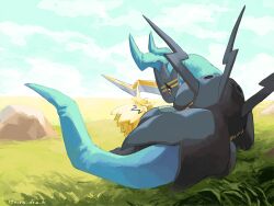 Rule 34 | 2others, armor, blue skin, blue sky, colored skin, day, digimon, digimon (creature), field, grass, horns, kira (kira dra), looking at another, lying, multiple others, no humans, pulsemon, raidramon, single horn, sky
