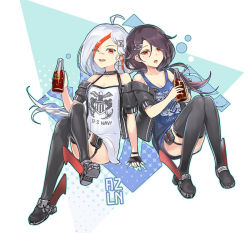 Rule 34 | 2girls, ;d, ahoge, arm support, azur lane, bandaid, bandaid on face, bandaid on nose, bare shoulders, black collar, black gloves, black hair, black jacket, black legwear, blue background, blue tank top, bottle, breasts, cassin (azur lane), cassin (retrofit) (azur lane), cleavage, clothes writing, collar, collarbone, comaza, commentary request, crossed legs, downes (azur lane), downes (retrofit) (azur lane), earrings, fingerless gloves, full body, gloves, hair between eyes, hair ornament, hairclip, halftone, halftone background, holding, holding bottle, jacket, jewelry, knees together feet apart, long hair, looking at viewer, low ponytail, md5 mismatch, mole, mole under eye, multicolored hair, multiple girls, off-shoulder jacket, off shoulder, one eye closed, open mouth, ponytail, red eyes, resolution mismatch, retrofit (azur lane), rudder footwear, shirt, short sleeves, sidelocks, sitting, sleeveless, sleeveless shirt, small breasts, smile, soda bottle, source larger, tank top, thigh strap, thighhighs, united states navy, white background, white hair, white shirt, yellow eyes