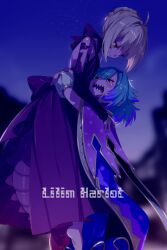 Rule 34 | 2girls, ahoge, barefoot, blonde hair, blue dress, blue hair, blurry, blurry background, blush, braid, cape, closed mouth, commentary request, crying, crying with eyes open, detached sleeves, dragon girl, dragon tail, dress, echo (circa), english text, facial mark, fate/grand order, fate (series), french braid, gold trim, hair intakes, hug, locusta (fate), looking at another, multiple girls, nero claudius (fate), nero claudius (fate) (all), night, night sky, outdoors, purple cape, purple eyes, queen draco (fate), queen draco (first ascension) (fate), red dress, red eyes, sharp teeth, short hair, sky, smile, tail, tearing up, tears, teeth, twitter username