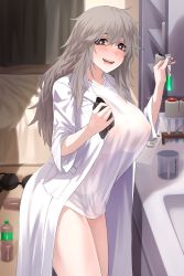 Rule 34 | 1girl, :d, absurdres, bare legs, black bra, black panties, blondy (ldlong), blush, bottle, bra, breasts, coat, commentary request, cowboy shot, curtains, day, doctor, drooling, grey eyes, grey hair, hair between eyes, hands up, heart, heart-shaped pupils, highres, indoors, korean commentary, lab coat, large breasts, long hair, long sleeves, looking at viewer, messy hair, nipples, open mouth, original, panties, pocket, round teeth, see-through, shelf, shirt, smile, solo, standing, symbol-shaped pupils, teeth, test tube, underwear, unworn bra, upper teeth only, white coat, white shirt