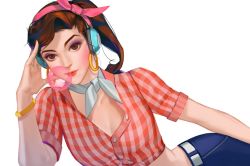 Rule 34 | 1girl, ;), alternate hairstyle, arm at side, arm support, bad id, bad twitter id, belt, blue pants, bracelet, breasts, brown eyes, brown hair, blowing bubbles, chewing gum, cleavage, closed mouth, collarbone, cruiser d.va, d.va (overwatch), earrings, fingernails, front-tie top, hair ribbon, hairband, hand on own head, hand to head, hand up, headphones, hoop earrings, jewelry, looking at viewer, lying, makeup, mascara, medium breasts, nail polish, neck ribbon, nose, official alternate costume, on side, one eye closed, overwatch, overwatch 1, pants, pink background, pink hairband, pink ribbon, plaid, plaid shirt, ponytail, red lips, red nails, red shirt, rhor, ribbon, shirt, short hair, simple background, smile, solo, swept bangs, white background, white belt, white ribbon