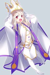 Rule 34 | 1girl, :d, cape, cosplay, crown, detached sleeves, echo (circa), fate/grand order, fate (series), flat chest, grey background, illyasviel von einzbern, irisviel von einzbern, irisviel von einzbern (caster), irisviel von einzbern (caster) (cosplay), long hair, long sleeves, looking at viewer, midriff, miniskirt, open mouth, red eyes, side slit, silver hair, simple background, skirt, smile, solo, standing, stomach, thighhighs, white cape, white skirt, white thighhighs