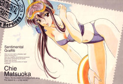 Rule 34 | 1990s (style), 1girl, bandeau, bikini, blue bikini, breasts, character name, cleavage, copyright name, cowboy shot, dated, day, diving mask, diving mask on head, english text, from side, goggles, goggles on head, hair between eyes, holding, holding swim ring, innertube, kai tomohisa, legs apart, matsuoka chie, outdoors, painting (medium), postage stamp, retro artstyle, sentimental graffiti, snorkel, solo, stamp, strapless, strapless bikini, swim ring, swimsuit, traditional media, watercolor (medium)