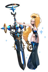 Rule 34 | 1girl, bare shoulders, bell-bottoms, blonde hair, blue eyes, blue nails, braid, breasts, choker, forehead, full body, garter straps, hair ornament, hair tubes, high ponytail, highres, huge weapon, large breasts, leotard, letta, long hair, mana blade, nail polish, official art, pants, parted bangs, planted, planted sword, planted weapon, revealing clothes, single braid, solo, sword, thighhighs, very long hair, weapon, zweihander