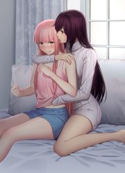 Rule 34 | 2girls, arm around neck, bed, blush, breasts, clenched hand, curtains, denim, denim shorts, fate/grand order, fate (series), hair intakes, hand under clothes, hand under shirt, highres, long hair, looking at another, medb (fate), medb (fate), medium breasts, multiple girls, mylovelydevil, pillow, pink hair, purple hair, red eyes, ribbed sweater, scathach (fate), scathach (fate), shirt, shorts, sweater, tank top, turtleneck, turtleneck sweater, window, yellow eyes, yuri