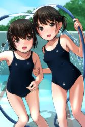 Rule 34 | 2girls, :d, absurdres, bare arms, bare shoulders, blue one-piece swimsuit, blue sky, blurry, blurry background, blush, bob cut, breasts, brown eyes, day, depth of field, flat chest, hand on another&#039;s shoulder, highres, holding, hose, hose nozzle, looking at viewer, matsunaga kouyou, multiple girls, nose blush, one-piece swimsuit, open mouth, original, ponytail, pool, short hair, side ponytail, sky, small breasts, smile, swimsuit, tree, water, wet, wet clothes, wet hair