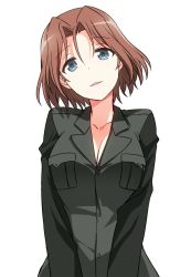 Rule 34 | 10s, 1girl, azumi (girls und panzer), black jacket, breasts, brown hair, cleavage, girls und panzer, head tilt, jacket, long sleeves, looking at viewer, medium breasts, military, military uniform, no shirt, parted bangs, parted lips, selection university military uniform, short hair, simple background, solo, standing, umekichi, uniform, upper body, white background