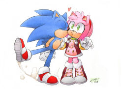 Rule 34 | 1boy, 1girl, alternate costume, amy rose, dated, finik, furry, furry female, furry male, gloves, heart, kiss, kissing cheek, shoes, signature, simple background, sonic (series), white background, white gloves