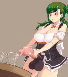 Rule 34 | 1girl, animal penis, bare shoulders, beer mug, blush, bottomless, breasts, cleavage, cup, erection, futanari, g28 (beer ranch) (girls&#039; frontline), g28 (girls&#039; frontline), girls&#039; frontline, green hair, green nails, hair ornament, hitobashira (1746164306), horse penis, large breasts, large penis, long hair, mole, mole on breast, mug, nail polish, official alternate costume, penis, red eyes, solo, testicles, uncensored, waiter