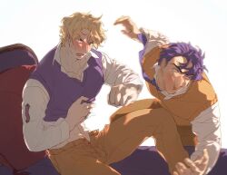 Rule 34 | 2boys, abs, anger vein, annoyed, blonde hair, blue hair, blue vest, blush, brown pants, clothes lift, commentary request, dio brando, face punch, full-face blush, in the face, indoors, jojo no kimyou na bouken, jonathan joestar, long sleeves, looking at another, male focus, meng bu chong, multiple boys, muscular, muscular male, navel, necktie, open mouth, pants, pectorals, pervert, phantom blood, punching, shirt, short hair, sweatdrop, vest, white shirt, yaoi, yellow eyes