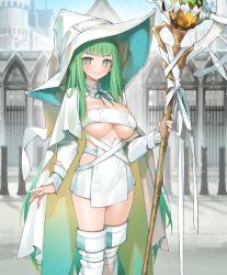 Rule 34 | 1girl, boots, breasts, cape, closed mouth, dress, evertale, green eyes, hat, holding, holding staff, long hair, looking at viewer, medium breasts, merlin (evertale), official art, popqn, revealing clothes, solo, staff, standing, thigh boots, white footwear, witch hat