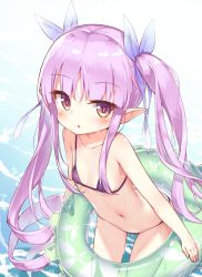 Rule 34 | 1girl, :o, asymmetrical hair, bikini, blush, brown eyes, collarbone, commentary request, darnell, flat chest, green innertube, hair ribbon, highres, holding, holding swim ring, innertube, korean commentary, kyouka (princess connect!), leaning forward, long hair, looking at viewer, multicolored eyes, navel, partial commentary, pointy ears, princess connect!, purple eyes, purple hair, ribbon, sidelocks, solo, swim ring, swimsuit, tsurime, twintails, water, wet