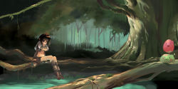 Rule 34 | 1girl, bare legs, black hair, blob, forest, full body, hairband, looking at viewer, midriff, morii shizuki, nature, navel, outdoors, plant, pond, poporing, poring, ragnarok online, scenery, short hair, simple background, sitting, solo, stomach, tree, water, wetland