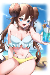 Rule 34 | 1girl, absurdres, beach, blue sky, breasts, creatures (company), cup, game freak, highres, large breasts, nintendo, ocean, pokemon, pokemon bw2, rosa (pokemon), sky, solo, swimsuit, thighs