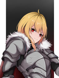 Rule 34 | 1girl, absurdres, armor, blonde hair, breastplate, highres, hitozche, hololive, hololive indonesia, kaela kovalskia, knight, medium hair, pauldrons, red eyes, shoulder armor, solo, virtual youtuber