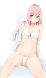 Rule 34 | 1girl, adjusting bra, adjusting clothes, arm behind back, arm support, blush, bow, bow bra, bow panties, bra, breasts, brown eyes, collarbone, commentary request, crotch seam, dress shirt, frilled bra, frills, highres, hijouguti, legs, light blush, light frown, long sleeves, looking at viewer, medium hair, navel, off shoulder, original, panties, parted lips, pink hair, shirt, sitting, skindentation, small breasts, solo, strap slip, underwear, white bra, white panties, white shirt