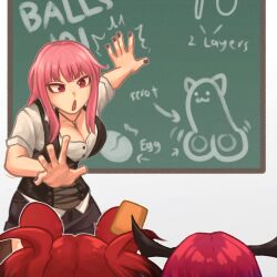 Rule 34 | 3girls, :o, animal ears, arm up, arrow (symbol), black nails, black vest, breasts, chalkboard, cleavage, corset, egg, english text, from behind, hakos baelz, hakos baelz (1st costume), hand up, highres, hololive, hololive english, horns, irys (irys 2.0) (hololive), irys (hololive), large breasts, long hair, looking at another, mori calliope, mori calliope (sheriff), mouse ears, multiple girls, outstretched hand, p0tart0, pink hair, purple hair, red hair, shirt, short sleeves, simple background, standing, testicles, upper body, vest, virtual youtuber, white background, white shirt