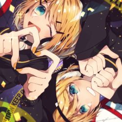 Rule 34 | 00s, 1boy, 1girl, ;d, baseball cap, black hat, blonde hair, blue eyes, blush, brother and sister, caution tape, close-up, commentary, detached sleeves, fang, from above, grin, hair ornament, hairclip, hat, headphones, heart, heart hands, kagamine len, kagamine rin, light blush, looking at viewer, looking to the side, manya sora, nail polish, one eye closed, open mouth, own hands together, rettou joutou (vocaloid), rotational symmetry, sailor collar, short hair, siblings, smile, twins, vocaloid, yellow nails