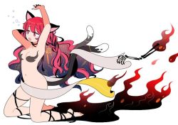 Rule 34 | 1girl, animal ears, barefoot, breasts, cat ears, cat tail, commentary, fang, fire, full body, jpeg artifacts, kaenbyou rin, kneeling, long hair, mashuu masaki, medium breasts, multiple tails, navel, nude, red eyes, red hair, simple background, skeletal arm, solo, tail, touhou, two tails, white background