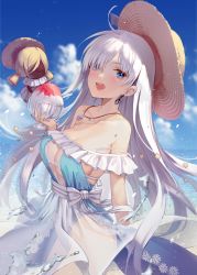 Rule 34 | 1girl, ahoge, anastasia (fate), anastasia (swimsuit archer) (fate), anastasia (swimsuit archer) (first ascension) (fate), bare shoulders, beach, blue dress, blue eyes, blush, breasts, cloud, dress, earrings, fate/grand order, fate (series), food, hat, highres, jewelry, large breasts, long hair, necklace, ocean, open mouth, ritsuki, see-through, see-through skirt, shaved ice, silver hair, skirt, sky, snowflakes, star (symbol), straddling, strap slip, straw hat, water