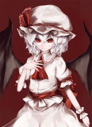 Rule 34 | 1girl, arm ribbon, ascot, bat (animal), bat wings, brooch, closed mouth, collared shirt, cowboy shot, eyebrows, fingernails, frilled shirt, frilled sleeves, frills, hair between eyes, hand on own chest, hat, hat ribbon, highres, jewelry, light purple hair, long fingernails, looking at viewer, mob cap, moose (moosu193), puffy short sleeves, puffy sleeves, red background, red eyes, red ribbon, remilia scarlet, ribbon, sash, shirt, short sleeves, simple background, skirt, skirt set, slit pupils, smile, solo, spread wings, touhou, vampire, wings, wrist cuffs