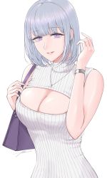 Rule 34 | 1girl, absurdres, arm up, artist name, bag, breasts, cleavage, filha, girls&#039; frontline, grey hair, highres, holding, holding bag, jewelry, large breasts, light smile, looking at viewer, medium hair, meme attire, necklace, open mouth, parted lips, purple bag, purple eyes, rpk-16 (girls&#039; frontline), solo, sweater vest, upper body, virgin killer sweater, white background, white sweater vest