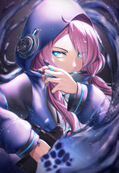 Rule 34 | 1girl, absurdres, arknights, blue eyes, blue poison (arknights), bow, bowgun, bowtie, commentary request, dart, dress shirt, highres, holding, holding weapon, hood, hoodie, horizontal pupils, liquid, long sleeves, looking at viewer, mouth hold, optical sight, pale skin, pink hair, shirt, solo, spray, takechii, twintails, weapon, zipper