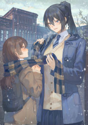 Rule 34 | 2girls, backpack, bag, black bag, black hair, blue coat, blue eyes, blue necktie, blue skirt, blush, brown coat, brown eyes, brown hair, cardigan, coat, collared shirt, commentary request, cowboy shot, hair between eyes, highres, long hair, looking at another, mashuu (neko no oyashiro), multiple girls, necktie, oomikado itsuki, open clothes, open coat, open mouth, original, outdoors, own hands together, plaid, plaid scarf, pleated skirt, ponytail, scarf, school uniform, shirt, skirt, snow, snowing, striped, striped necktie, white shirt, yellow cardigan, yuri