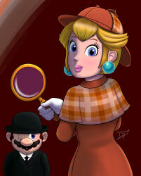 Rule 34 | 1boy, 1girl, blue eyes, detective peach, earrings, facial hair, gloves, grin, hat, highres, jewelry, lipstick, looking at another, looking at viewer, magnifying glass, makeup, mario, mario (series), mustache, nintendo, one eye closed, princess peach, princess peach: showtime!, smile, standing, wink