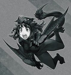 Rule 34 | 1girl, bodysuit, breasts, claws, commentary request, cosplay, glowing, glowing eyes, greyscale, highres, jun (navigavi), medium hair, monochrome, monster hunter (series), nargacuga, open mouth, signature, simple background, solo, tail, tearing up, wings