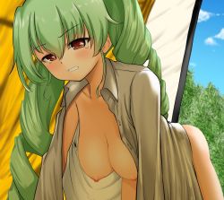 Rule 34 | 1girl, all fours, anchovy (girls und panzer), blush, bottomless, breasts, clenched teeth, drill hair, girls und panzer, green hair, hanging breasts, jturner42000, long hair, medium breasts, naked shirt, nipples, no bra, no panties, open clothes, red eyes, shirt, solo, tears, teeth, twintails
