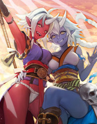 Rule 34 | 2girls, arm up, armpits, asymmetrical docking, bad id, bad pixiv id, blue oni, blue skin, boots, braid, breast press, breasts, colored skin, ddongu, fundoshi, grin, highres, horns, hug, japanese clothes, long hair, medium breasts, multiple girls, no pants, oni, original, pointy ears, red oni, red skin, short hair, single horn, skull, sky, smile, staff, very long hair, weapon, white hair, yellow eyes