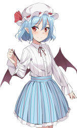 Rule 34 | 1girl, absurdres, alternate costume, bad id, bad pixiv id, bat wings, blue hair, blue skirt, blush, bow, brown wings, closed mouth, collared shirt, commentary request, frilled skirt, frills, hair between eyes, hand up, hat, hat bow, highres, kohakope, long sleeves, low wings, mob cap, neck ribbon, pleated skirt, pointy ears, red bow, red eyes, red ribbon, remilia scarlet, ribbon, shirt, shirt tucked in, short hair, simple background, skirt, smile, solo, striped clothes, striped skirt, touhou, vertical-striped clothes, vertical-striped skirt, white background, white hat, white shirt, wings