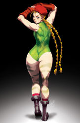 Rule 34 | 1girl, ahoge, antenna hair, ass, bare legs, beret, blonde hair, blue eyes, bodypaint, boots, braid, cammy white, capcom, chamba, combat boots, elbow gloves, fingerless gloves, from behind, gloves, hat, highres, leotard, long hair, looking at viewer, looking back, muscular, scar, socks, solo, street fighter, twin braids, very long hair, watermark