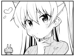 Rule 34 | 1girl, 1other, alternate costume, amatsukaze (kancolle), ataru (ataru-littlebird), commentary request, greyscale, heart, index finger raised, kantai collection, long hair, monochrome, rensouhou-kun, ribbed sweater, sweater, turtleneck, two side up, upper body