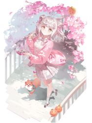 Rule 34 | 1girl, cherry blossoms, chocolate, dog, dress, flower, food, food fantasy, fruit, full body, highres, kagami mochi (food fantasy), looking at viewer, moying (lolifs), official art, orange (fruit), pale skin, pink theme, plant, second-party source, solo, transparent background