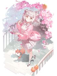 1girl cherry_blossoms chocolate dog dress flower food food_fantasy fruit full_body highres kagami_mochi_(food_fantasy) looking_at_viewer moying_(lolifs) official_art orange_(fruit) pale_skin pink_theme plant second-party_source solo transparent_background