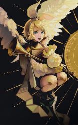 Rule 34 | 1girl, absurdres, angel wings, black background, black shorts, blonde hair, blue eyes, bow, cheek rest, commentary, expressionless, hair bow, hair ornament, hairclip, highres, holding, holding instrument, instrument, kagamine rin, long sleeves, looking at viewer, nunosei, open mouth, short hair, shorts, solo, squatting, sun, swept bangs, trumpet, vocaloid, white bow, wings