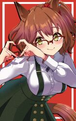 1girl absurdres animal_ears aston_machan_(umamusume) breasts brown_hair casual collared_shirt crown glasses green_eyes green_skirt hair_ornament hair_scrunchie heart heart_hands highres horse_ears horse_girl large_breasts long_sleeves looking_at_viewer mini_crown one_side_up red-framed_eyewear red_background red_scrunchie ren-smk39110 scrunchie shirt simple_background skirt smile solo suspenders tilted_headwear umamusume white_shirt