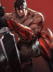 Rule 34 | 1boy, absurdres, alterab, bara, black hair, blood, blood on face, bloody weapon, dark-skinned male, dark skin, dota: dragon&#039;s blood, dota (series), dota 2, dragon knight (dota), facial hair, forked eyebrows, goatee, highres, huge filesize, looking at viewer, male focus, muscular, muscular male, pectoral press, pectorals, planted, planted sword, planted weapon, scar, scar on chest, short hair, sideburns, solo, squatting, stubble, sword, topless male, vambraces, weapon