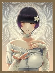 Rule 34 | 1girl, artist name, bandaged arm, bandaged neck, bandages, bare shoulders, black hair, blood, bloody bandages, blush, breasts, character name, collarbone, commentary, filha, flower, girls&#039; frontline, hair flower, hair ornament, hand grab, hand on own chest, highres, looking at viewer, machlian (girls&#039; frontline), medium breasts, multicolored hair, open mouth, parted lips, purple hair, shirt, short hair, solo, streaked hair, upper body, white shirt, yellow eyes