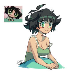 Rule 34 | 1girl, absurdres, aged up, black hair, breasts, buttercup (ppg), buttercup redraw challenge (meme), camisole, cleavage, commentary, derivative work, detached hair, english commentary, gerph, green eyes, highres, medium breasts, medium hair, meme, messy hair, powerpuff girls, reference inset, screenshot inset, screenshot redraw, signature, solo, upper body