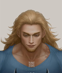 Rule 34 | 1boy, artist name, blonde hair, blue shirt, closed mouth, commentary, english commentary, facial hair, goatee, grey background, instagram username, killer (one piece), long hair, looking down, male focus, one piece, scar, sephirona, shirt, simple background, smile, solo, tumblr username, watermark, web address