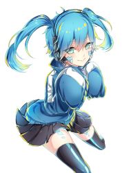 Rule 34 | 1girl, black skirt, black thighhighs, blonde hair, blue eyes, blue hair, ene (kagerou project), eyebrows, eyes visible through hair, facial mark, headphones, kagerou project, long hair, long sleeves, looking at viewer, matching hair/eyes, microphone, miniskirt, multicolored hair, pleated skirt, simple background, skirt, sleeves past wrists, smile, solo, thighhighs, twintails, white background, zettai ryouiki, zilula, zipper