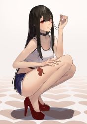 Rule 34 | 1girl, absurdres, bare shoulders, black choker, black hair, blue shorts, breasts, choker, closed mouth, commentary, enokawa kokoro (hara kenshi), full body, hair between eyes, hand on own thigh, hand up, hara kenshi, heart, heart print, high heels, highres, long hair, looking at viewer, mole, mole under mouth, original, pumps, red eyes, red footwear, shirt, short shorts, shorts, sidelocks, simple background, solo, squatting, tank top, tattoo, thighs, white background, white shirt