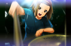 Rule 34 | 1girl, 71 (nanaichi drafting), :d, brown hair, casual, drum, drumsticks, hairband, instrument, k-on!, motion blur, open mouth, pillarboxed, round teeth, smile, solo, tainaka ritsu, teeth