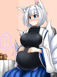 Rule 34 | 1girl, absurdres, anago nia, animal ears, azur lane, blue eyes, breasts, cup, fox ears, fox girl, fox tail, hand on own stomach, highres, kaga (azur lane), kitsune, large breasts, multiple tails, pregnant, tail, white hair, yunomi